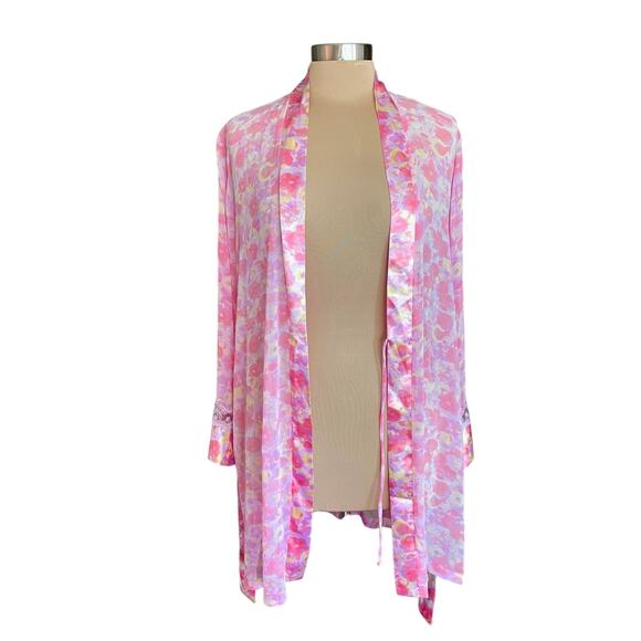Delicates Pink Yellow Watercolor Floral Short Satin Robe Lace Trim Belted SMALL - Picture 2 of 9